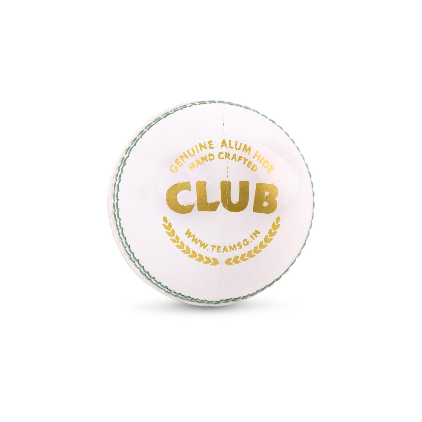 SG Club™ White cricket leather ball showing smooth leather surface and detailed stitching for cricket play.