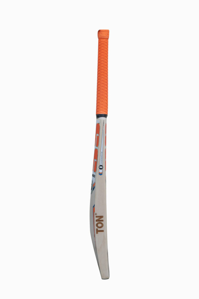 SS English Willow Cricket Bat in orange finish, showing the bat's blade and handle with detailed grain and branding.