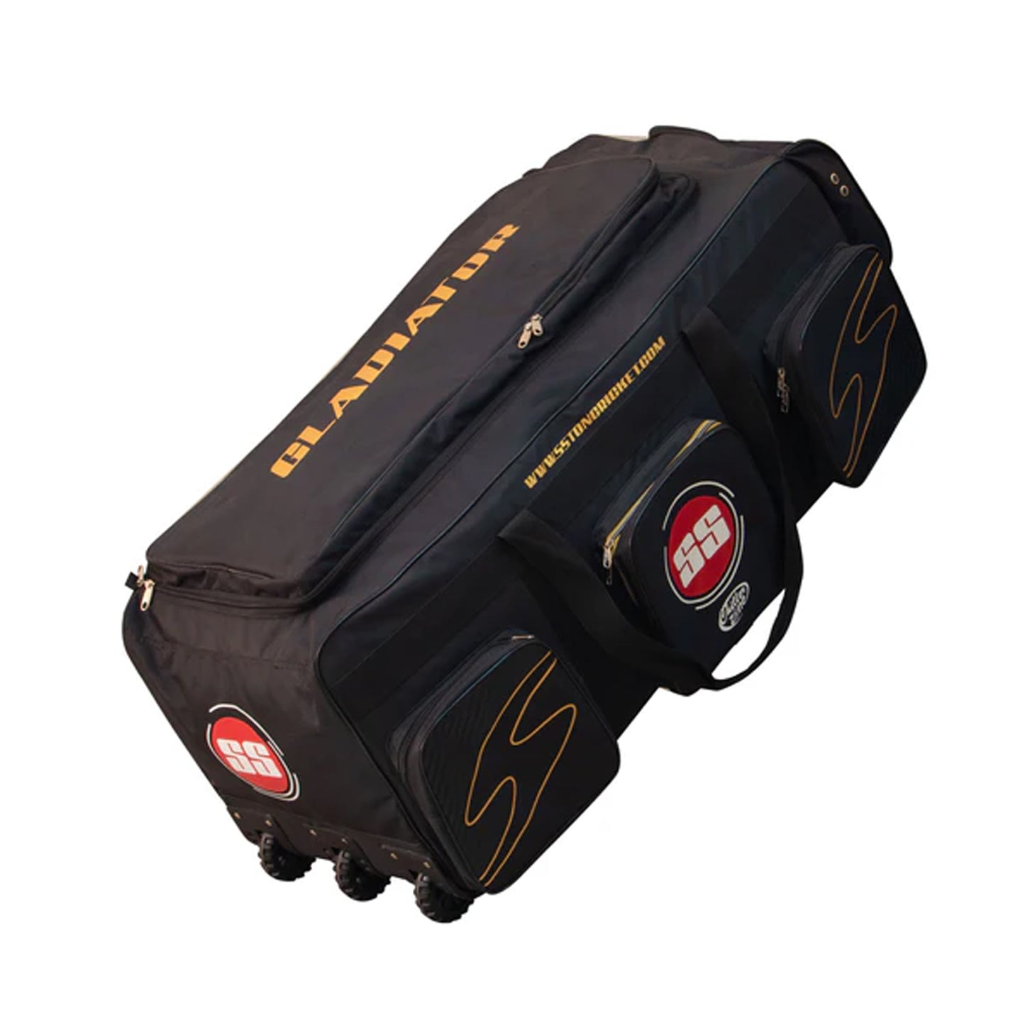SS Gladiator cricket kit bag with wheels, large main compartment, sturdy handles, and multiple storage pockets for cricket gear.
