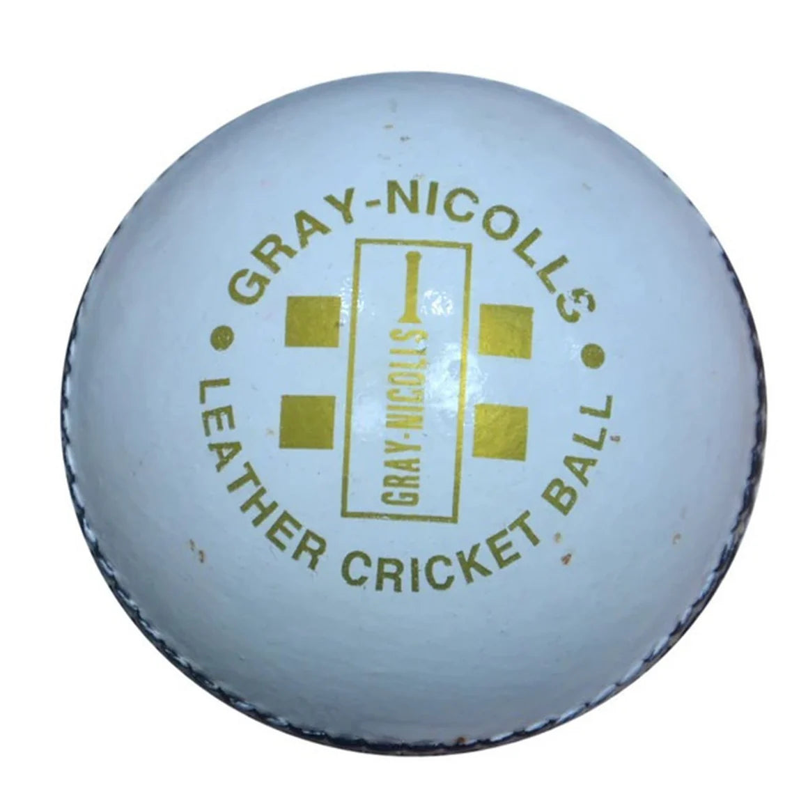 Gray Nicolls GN5 Club cricket ball in white leather, showing a close-up of the textured surface and branding.