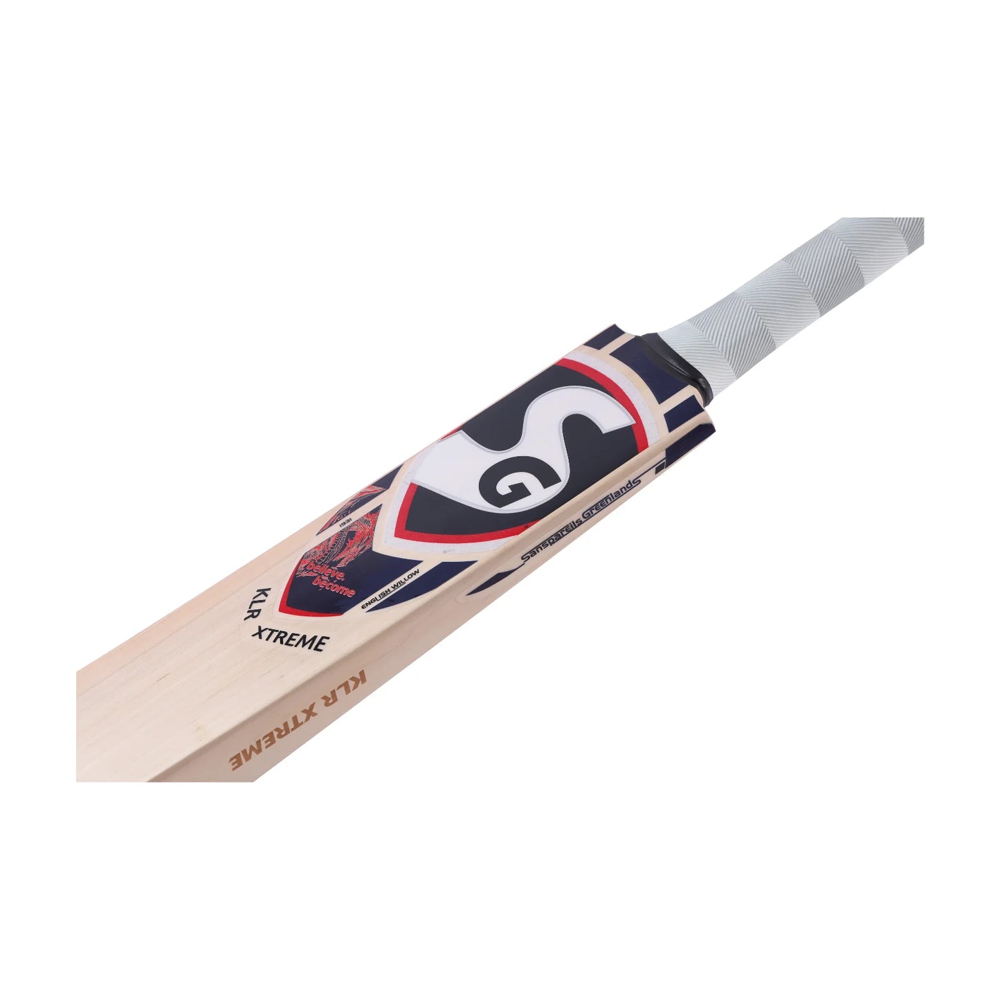 English Willow Cricket Bat by Cric Studio Canada, SG KLR XTREME model, showing the bat's blade and handle with detailed grain pattern.