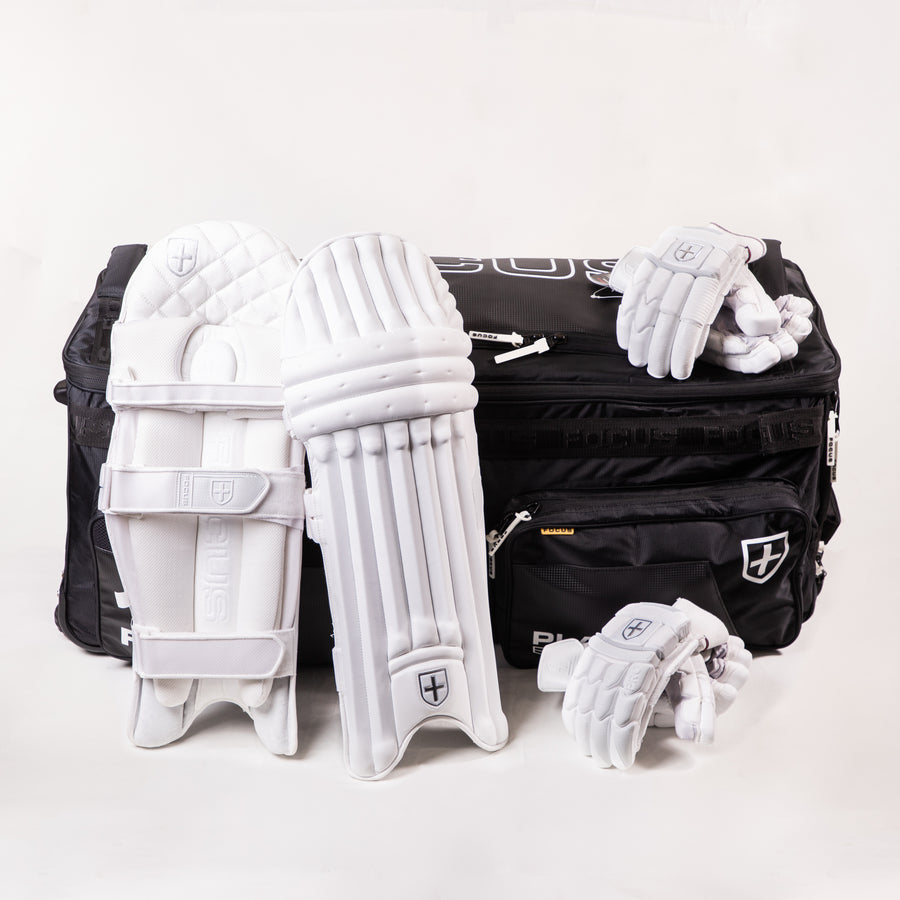 Focus Players Edition cricket batting leg guard showing padded shin protectors and adjustable straps for secure fit.