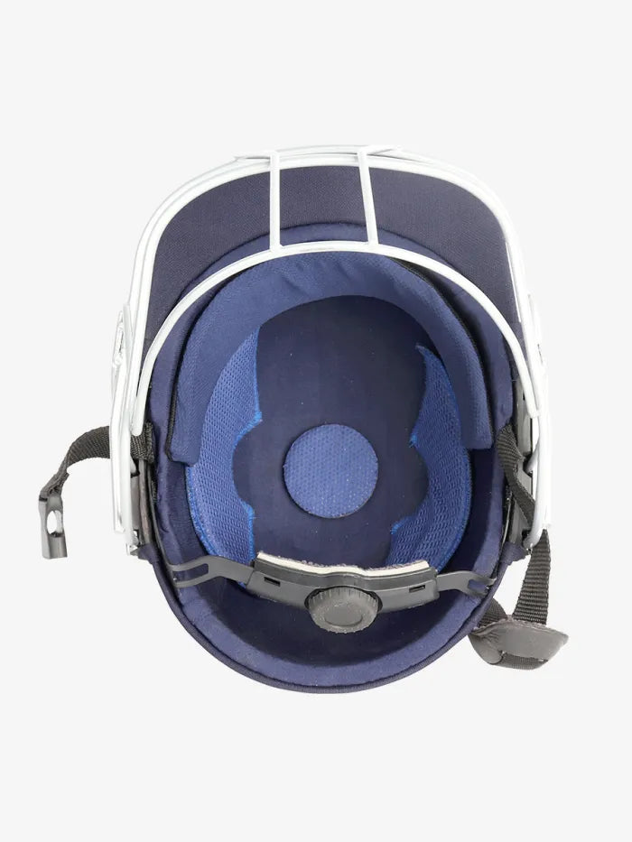 Shrey Classic Steel cricket helmet in navy with steel grille and padded interior for protection during cricket matches.