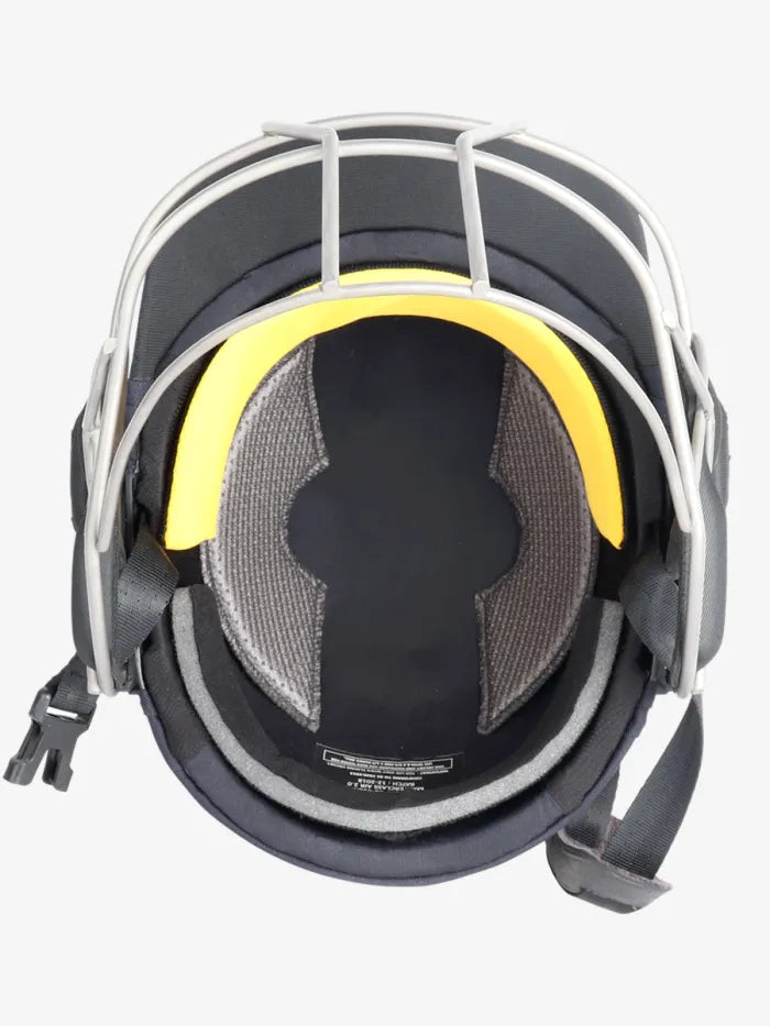 Shrey Masterclass Air 2.0 stainless steel cricket helmet in navy with ventilation and protective padding.