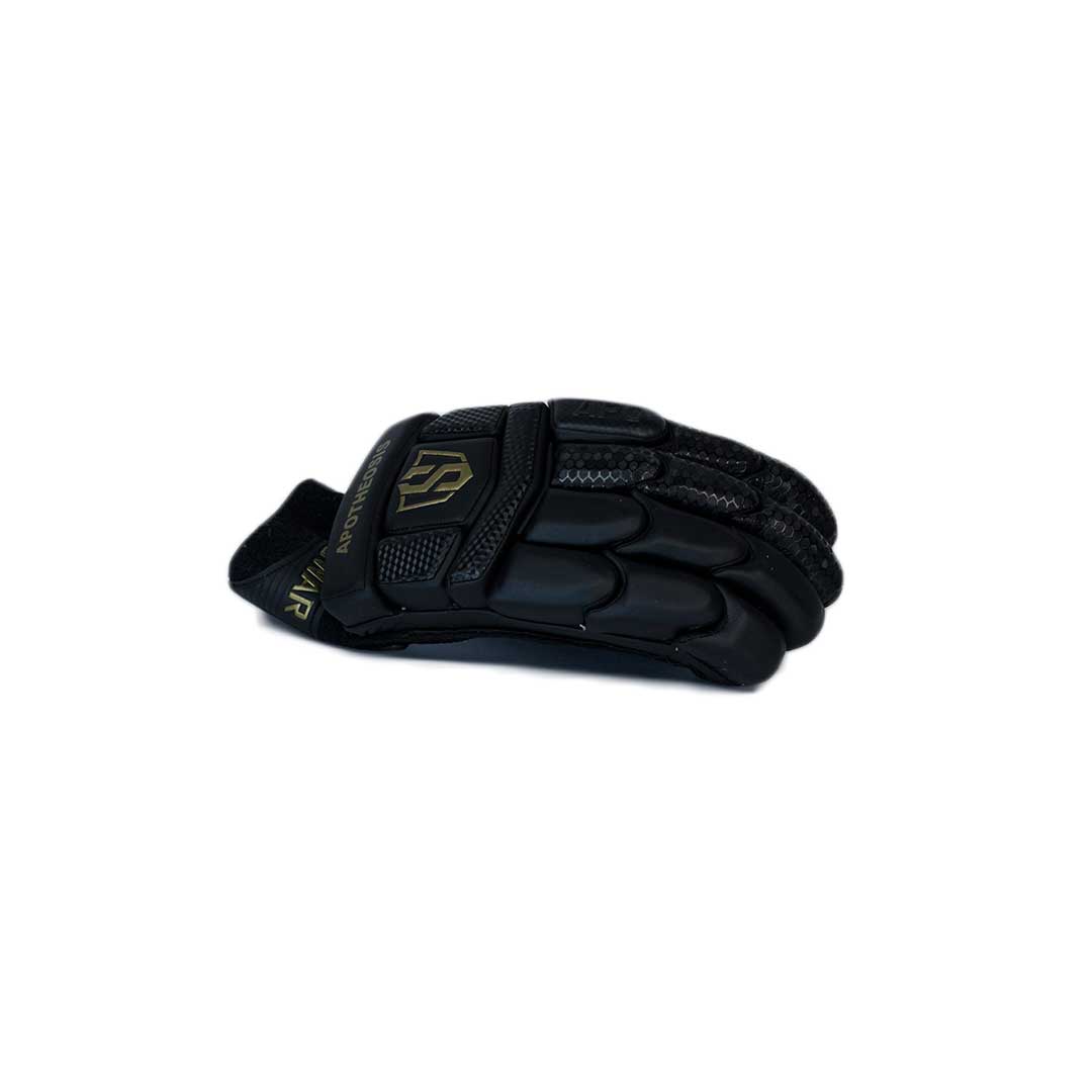 Black Swar Apothesis batting gloves for men by Cric Studio Canada, featuring padded palms and breathable fabric for cricket batting.