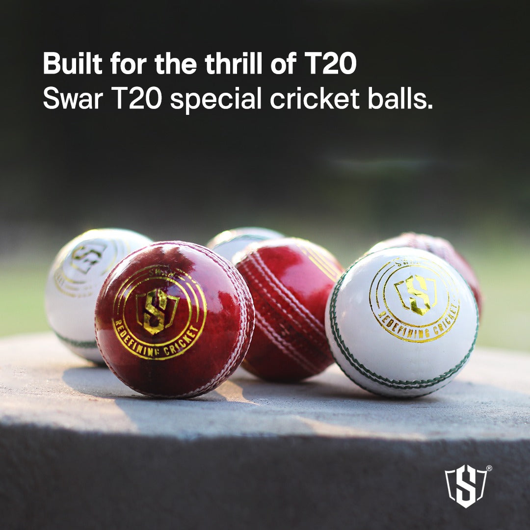 Cric Studio Canada Swar T-20 leather cricket ball with red seam and branding, close-up view showing textured surface and stitching.