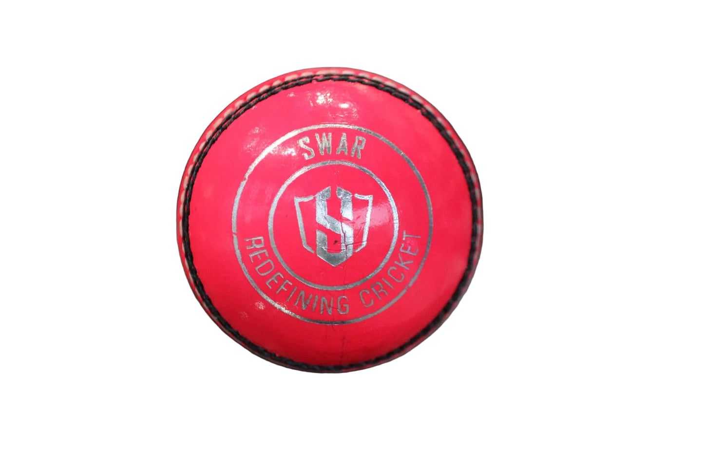 Leather cricket ball from Swar Club by Cric Studio Canada, showing detailed stitching and leather surface.