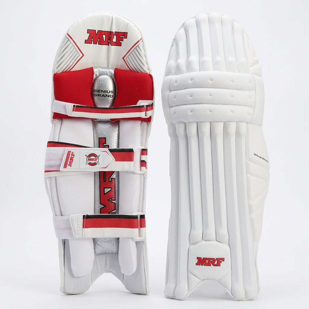 Cricket batting leg guard Genius Grand by Cric Studio Canada, featuring protective padding and adjustable straps.
