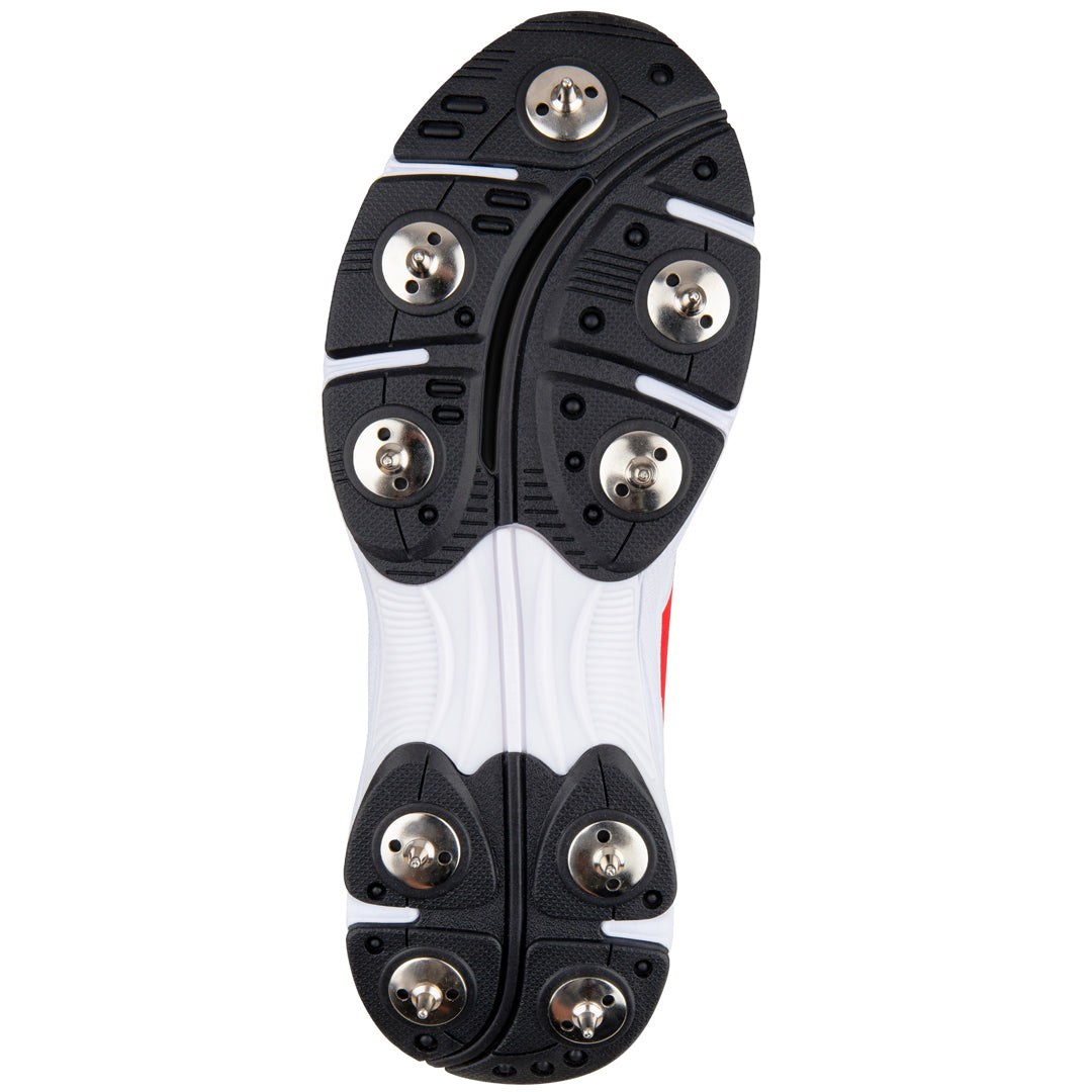Gray Nicolls Velocity Spike cricket shoes with gray and black design, featuring spike soles for enhanced grip and performance.