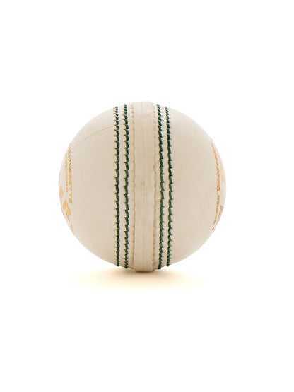 White leather cricket ball from SG Super 50 by Cric Studio Canada, with visible stitching and smooth leather surface.