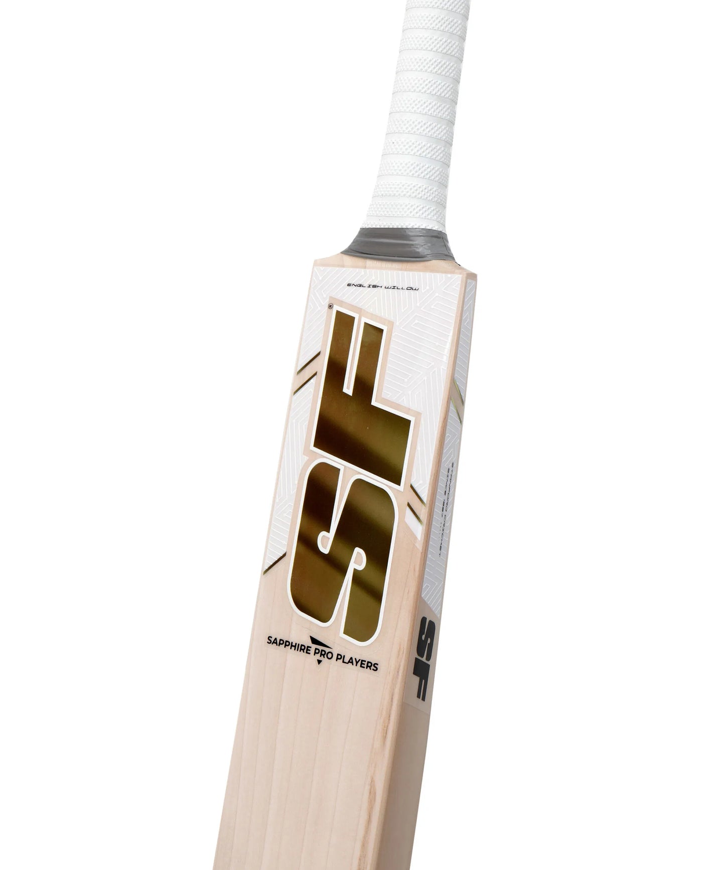 Cricket bat with SF Sapphire Player EW branding, made by Cric Studio Canada, showing the wooden blade and grip details.