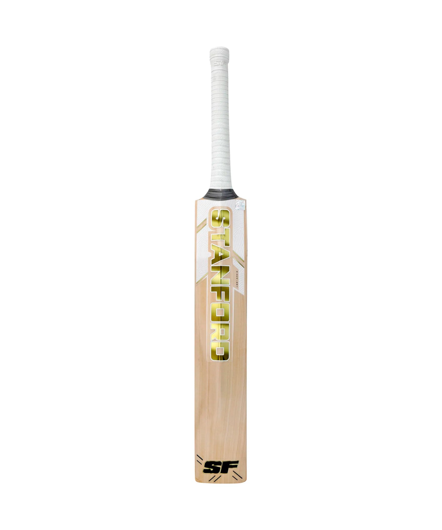 SF Sapphire Player EW cricket bat by Cric Studio Canada, showing a close-up of the wooden blade and grip with detailed craftsmanship.