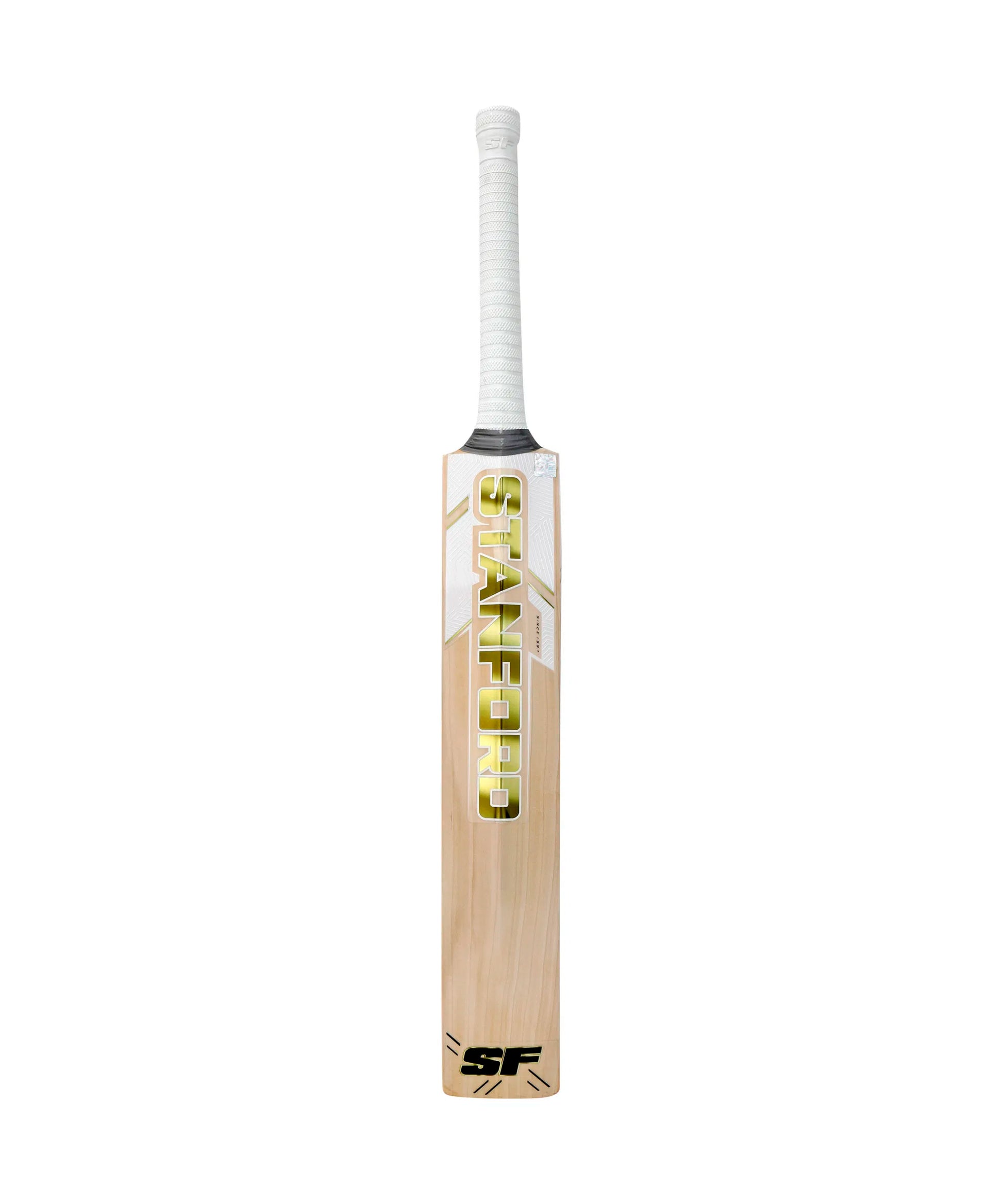 SF Sapphire Player EW cricket bat by Cric Studio Canada, showing a close-up of the wooden blade and grip with detailed craftsmanship.