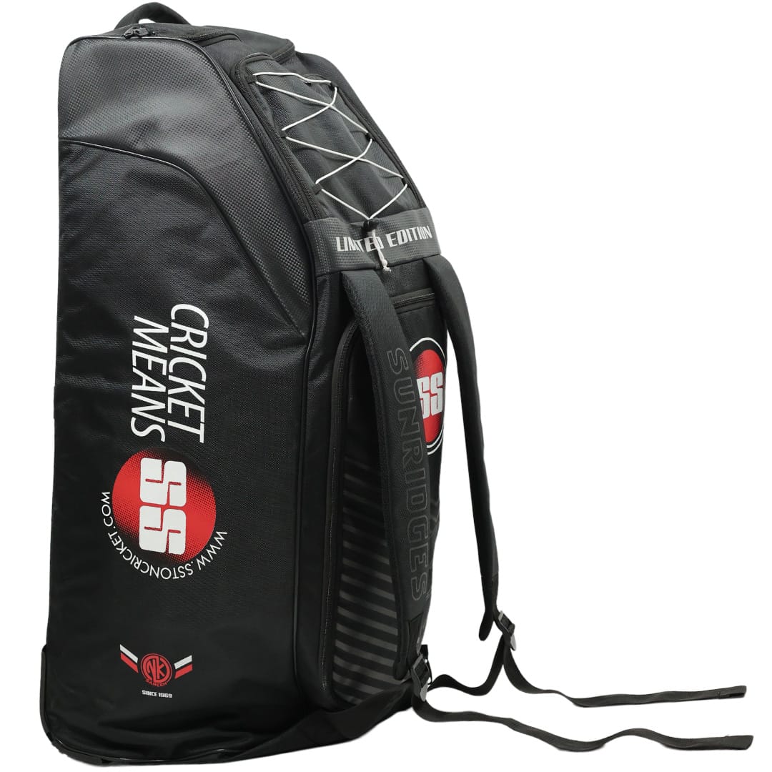 Cric Studio Canada SS Limited Edition cricket kit bag with wheels, black and red design, spacious with multiple compartments for cricket gear.