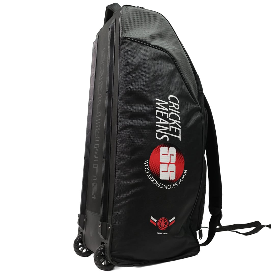 Cric Studio Canada SS Limited Edition cricket kit bag with wheels, black and red design, spacious storage for cricket gear.