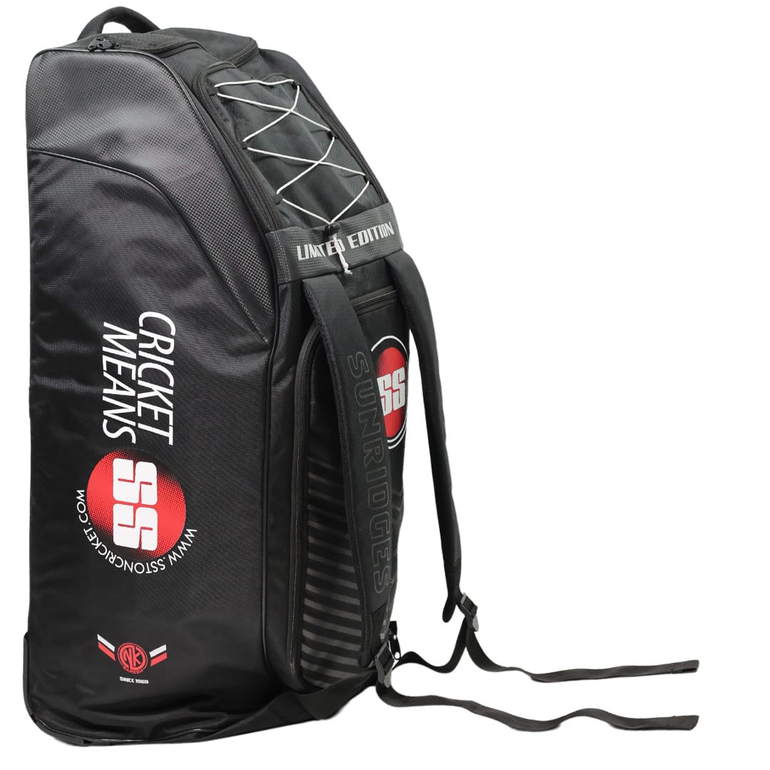 Cric Studio Canada SS Limited Edition cricket kit bag with wheels, black and red design, large main compartment and sturdy handles.