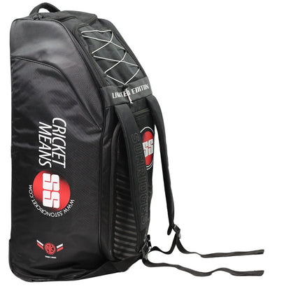 Cric Studio Canada SS Limited Edition cricket kit bag with wheels, black and red design, large main compartment and sturdy handles.