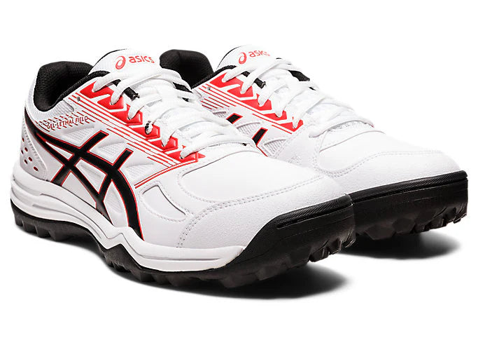 Asics Gel Lethal Field cricket shoes with cushioned soles, white and blue design, and athletic grip for outdoor cricket play.