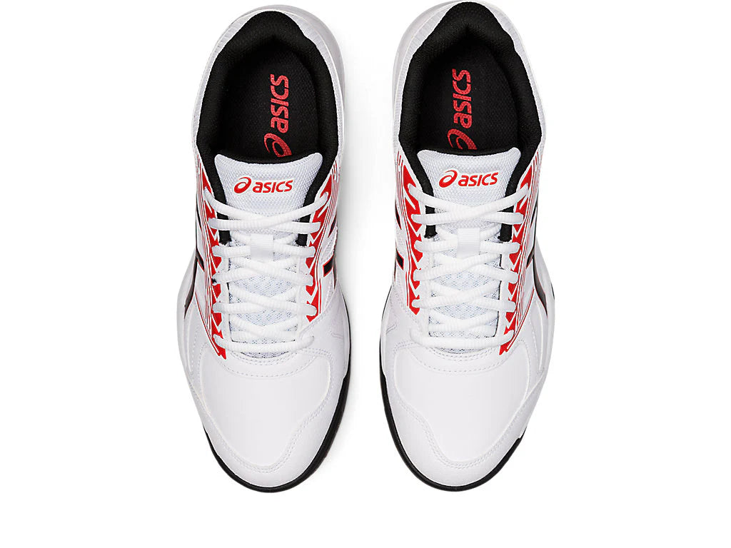 Asics Gel Lethal Field cricket shoes white and blue with cushioned soles and cleats for optimal grip on the field