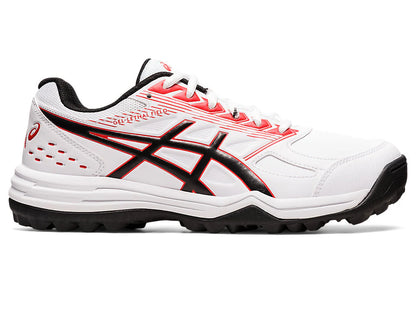 Asics Gel Lethal Field cricket shoes with cushioned insoles, white and blue design, and sturdy rubber soles for outdoor play