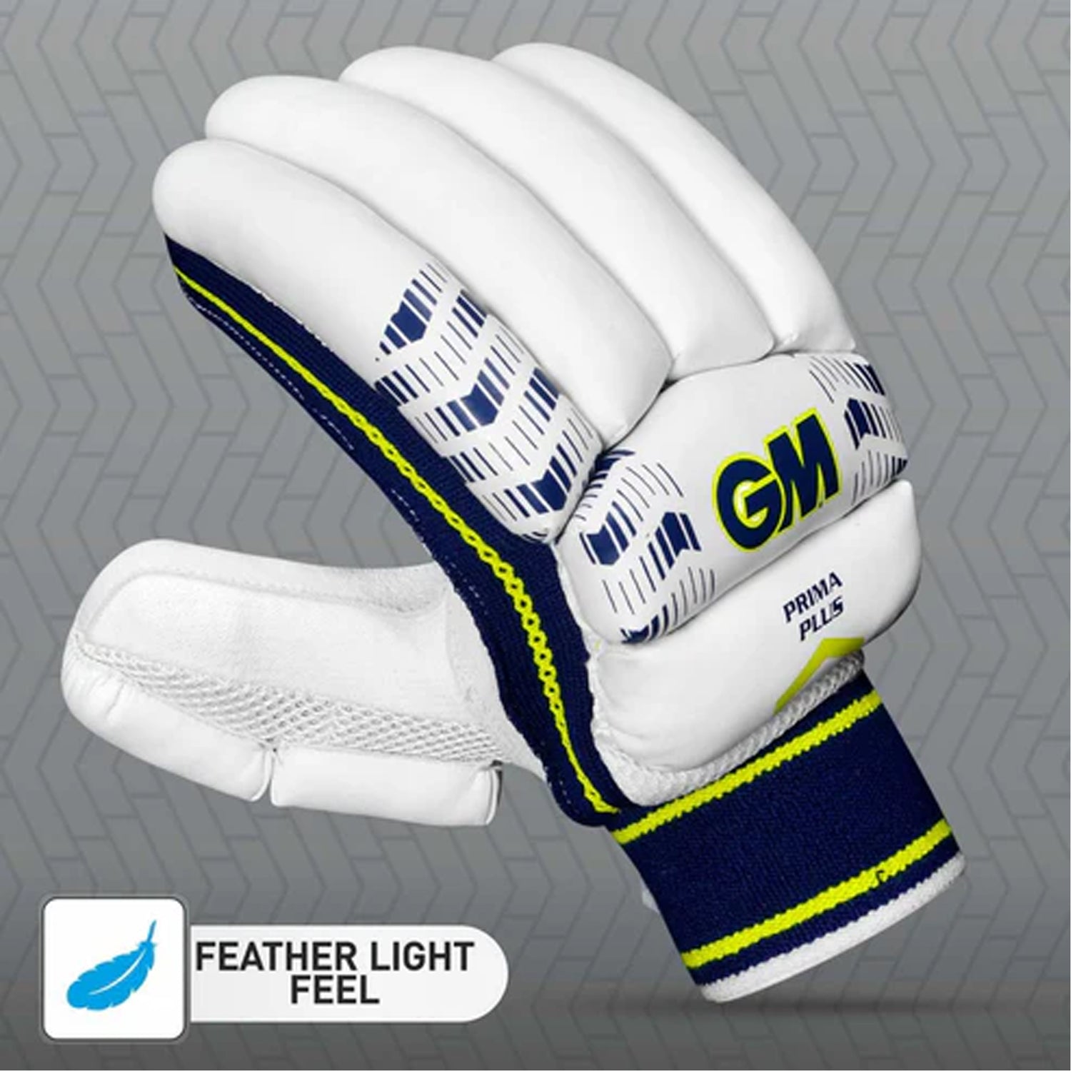 GM Prima Plus Batting Gloves showing padded palms and adjustable wrist straps for cricket or baseball batting.