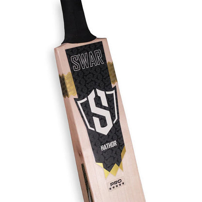 Swar Hathor English Willow Cricket Bat by Cric Studio Canada, showing the bat's handle and blade with detailed craftsmanship.