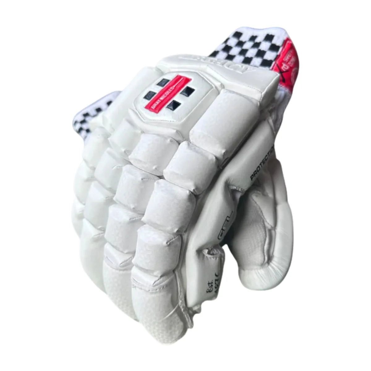 Gray-Nicolls GN10 Legacy batting gloves with padded palms and adjustable wrist straps for cricket batting protection.