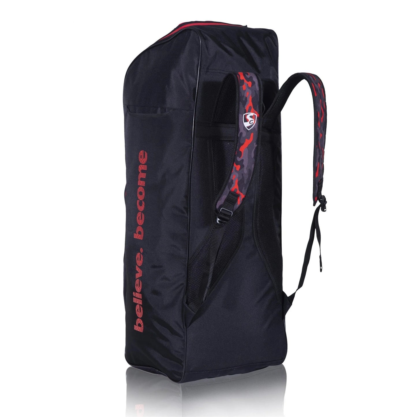 Cric Studio Canada SG Savage X3 duffle kitbag with adjustable shoulder strap and side zipper pocket, black and grey fabric.