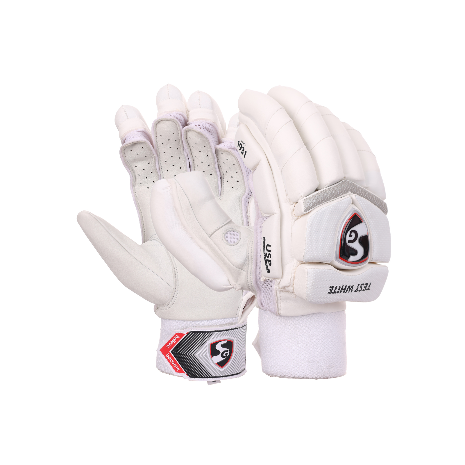 Cric Studio Canada SG Test White Batting Gloves with padded palms and adjustable wrist straps for cricket batting protection