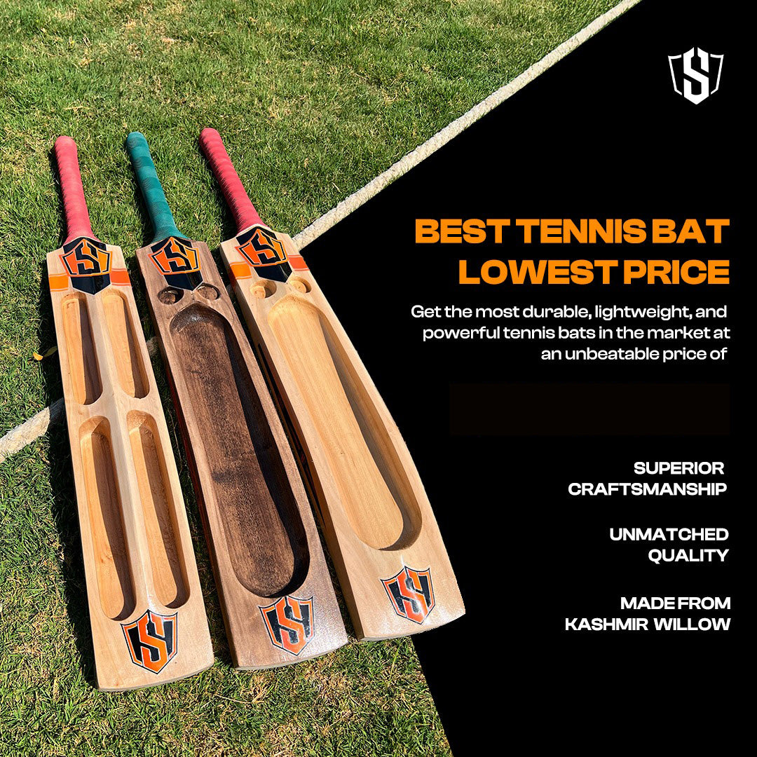 Cricket bat by Cric Studio Canada, SWAR TENNIS brand, showing a wooden cricket bat with a curved blade and grip handle.