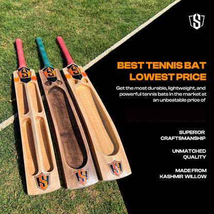 Cricket bat by Cric Studio Canada, SWAR TENNIS brand, showing a wooden cricket bat with a curved blade and grip handle.