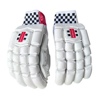 Gray-Nicolls GN10 Legacy batting gloves, cricket gloves with padded palms and adjustable straps, designed for comfort and protection.