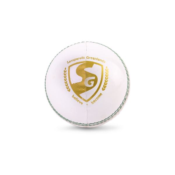 SG Club™ White cricket leather ball with durable leather cover and stitched seam for cricket matches.