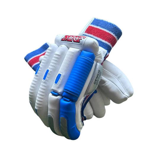 Pair of MRF Genius Grand batting gloves by Cricstudio.canada, showing black and red protective gloves for cricket batting.