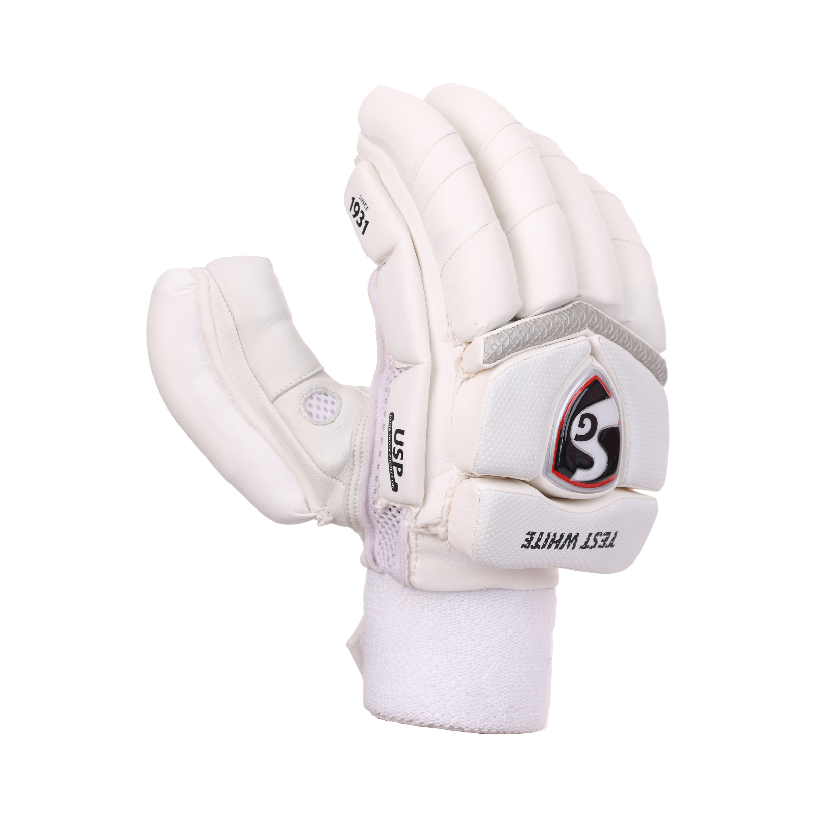 Pair of white Cric Studio Canada batting gloves with padded palms and adjustable wrist straps for cricket batting.
