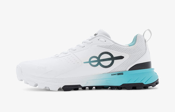 one8 Pitch 18 men's cricket shoe, side view, Jersey White / Sonic Blue