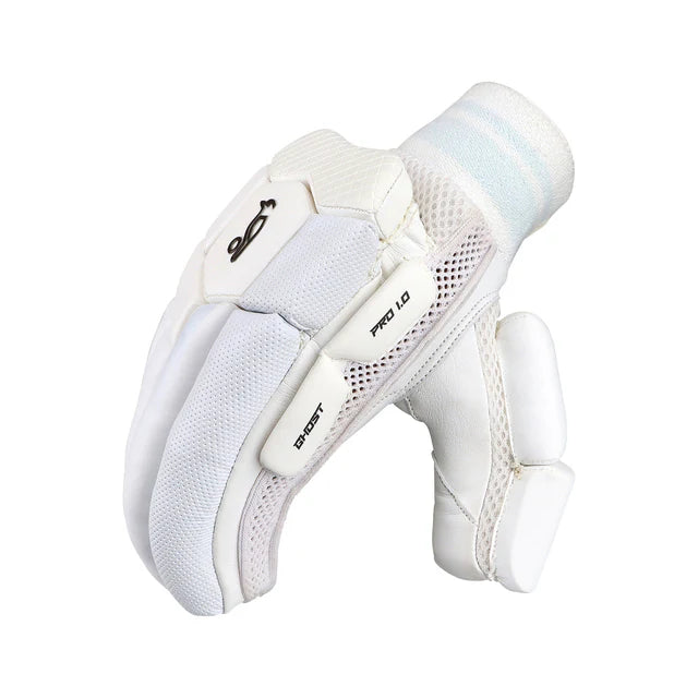Kookaburra Ghost Pro 1.0 batting gloves by Cric Studio Canada, black and white cricket batting gloves with padding and grip.
