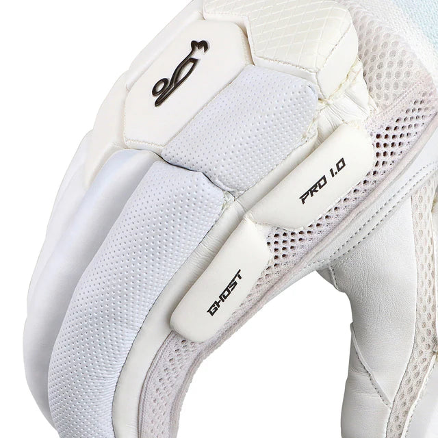 Kookaburra Ghost Pro 1.0 batting gloves by Cric Studio Canada, white and black cricket gloves with padding and grip for protective batting.