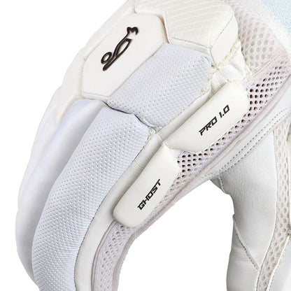 Kookaburra Ghost Pro 1.0 batting gloves by Cric Studio Canada, white and black cricket gloves with padding and grip for protective batting.