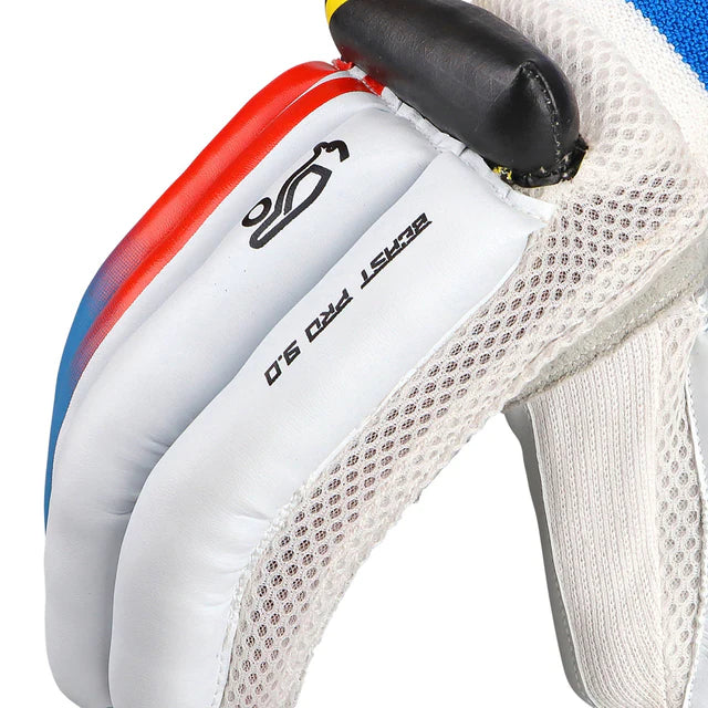 Cric Studio Canada Kookaburra Beast Pro 9 batting gloves in black and red, designed for cricket players with padded palms and fingers.