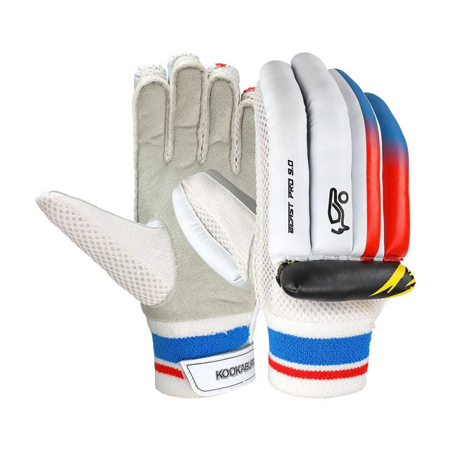 Cric Studio Canada Kookaburra Beast Pro 9 batting gloves in black and white with padded palms and adjustable wrist straps.