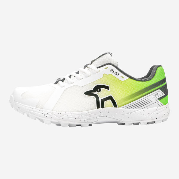 Kookaburra Pro 2.0 rubber cricket shoes with black and yellow design, featuring textured soles for traction and support.