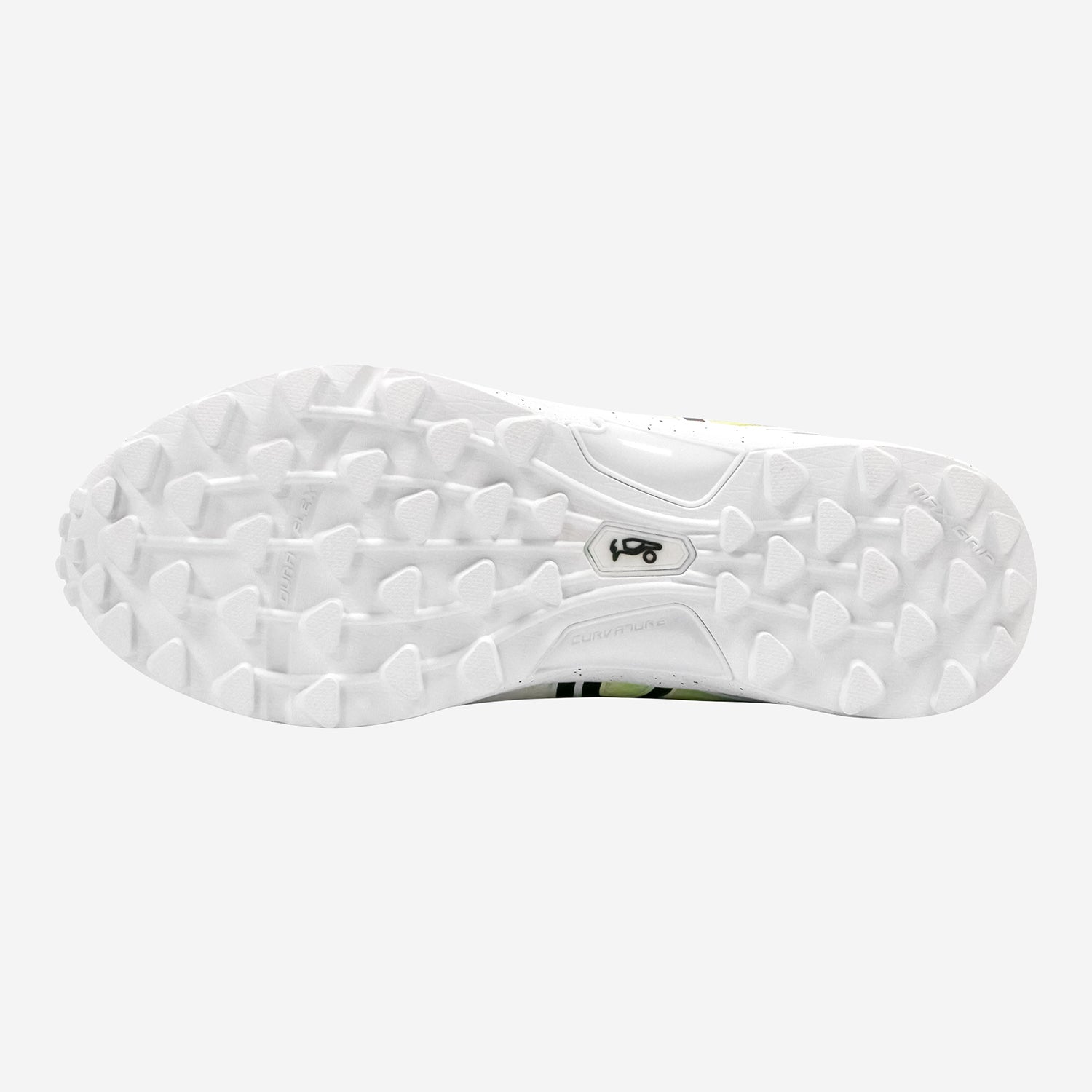 Kookaburra Pro 2.0 rubber cricket shoes in white with black accents, featuring grip sole and supportive design for cricket players.