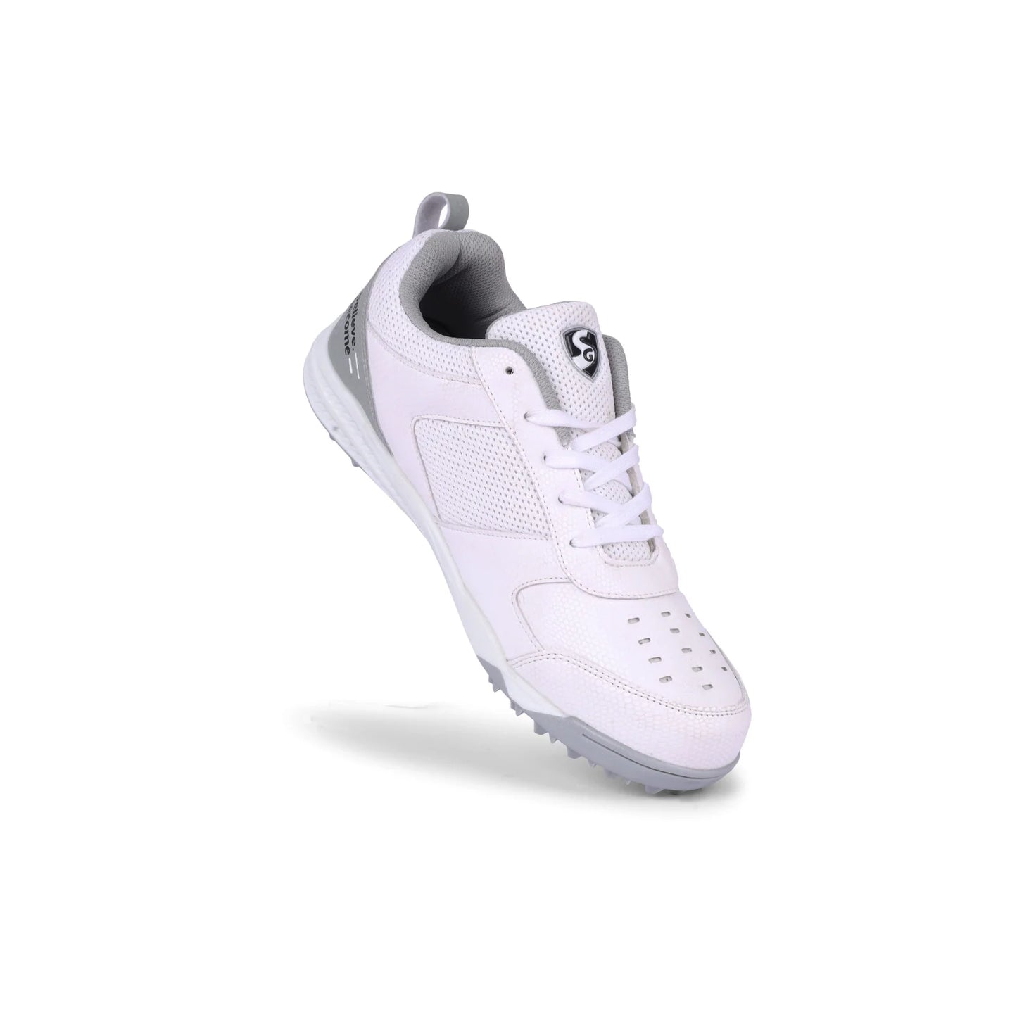SG Cricket Shoes Fusion in white and blue with cushioned soles, designed for comfort and performance on the cricket field.