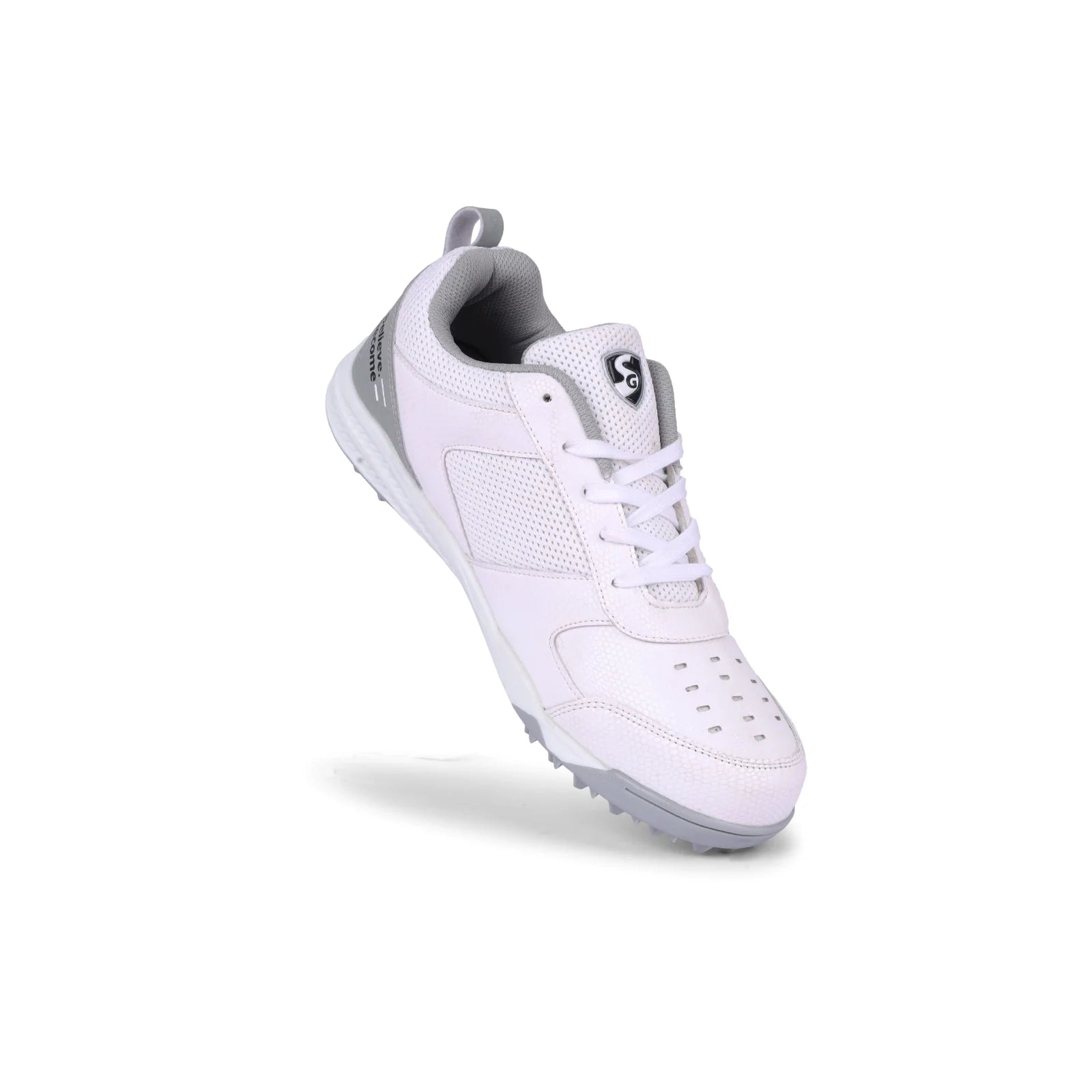SG Cricket Shoes Fusion in white and blue with cushioned soles, designed for comfort and performance on the cricket field.