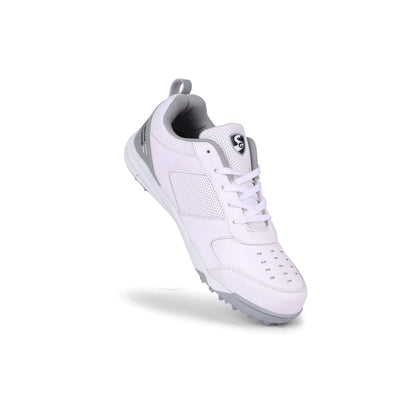 SG Cricket Shoes Fusion in white and blue with cushioned soles, designed for comfort and performance on the cricket field.