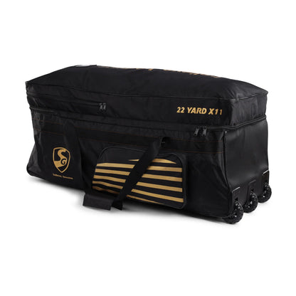 Cric Studio Canada SG 22 Yard X11 Wheelie Kitbag with sturdy wheels and multiple compartments for cricket gear storage.