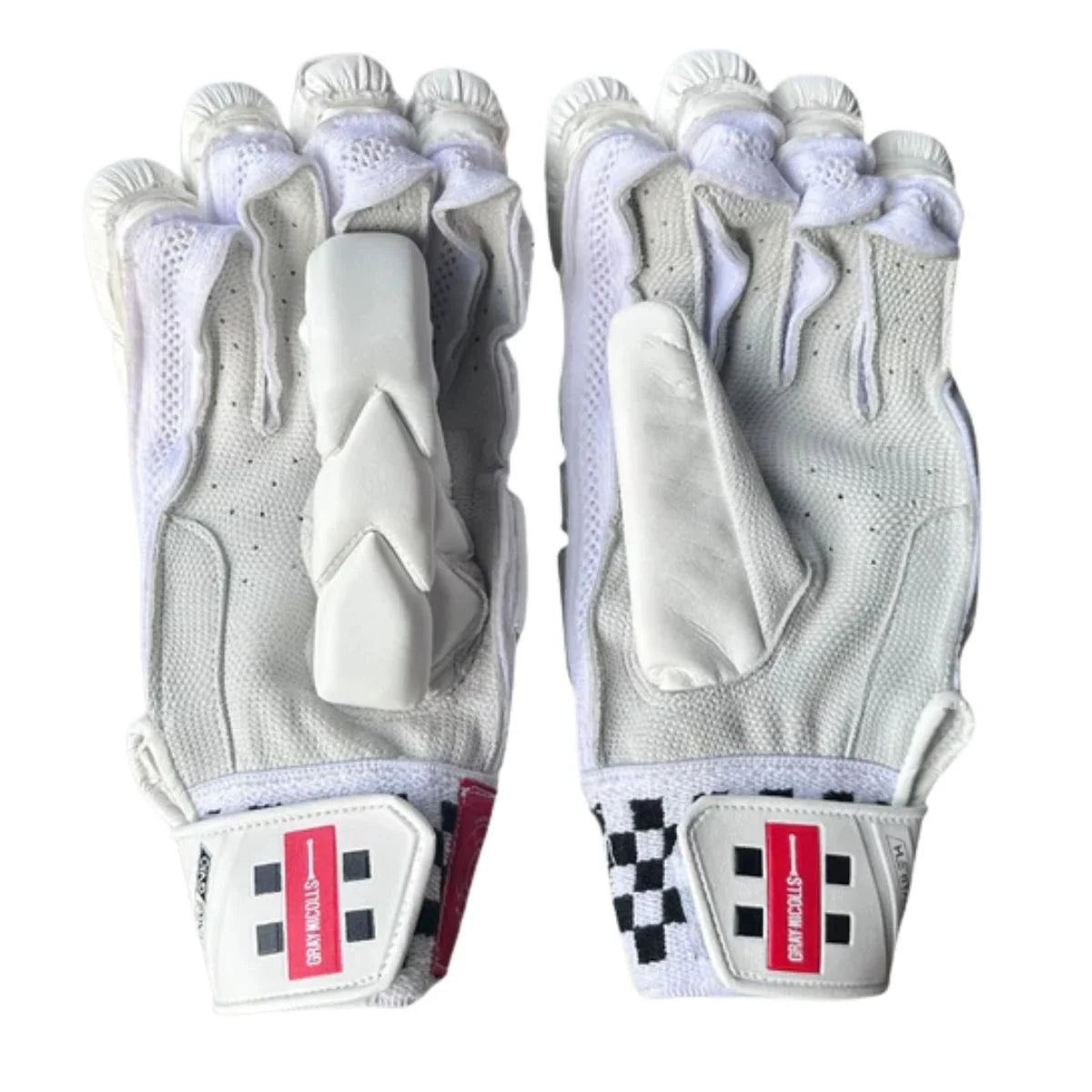 Gray-Nicolls GN10 Legacy batting gloves with gray padding and adjustable wrist straps for cricket protection and comfort.