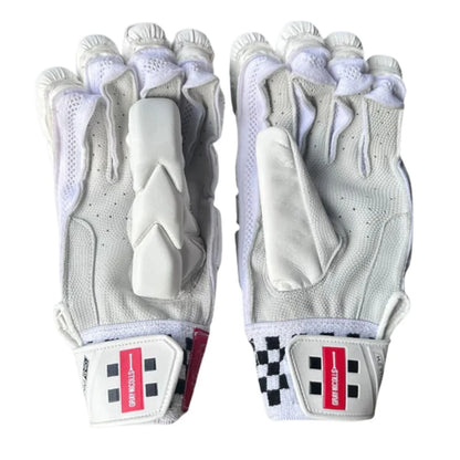 Gray-Nicolls GN10 Legacy batting gloves with gray padding and adjustable wrist straps for cricket protection and comfort.
