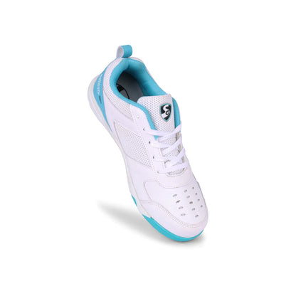 SG Cricket Shoes Fusion, black and white sports shoes with breathable mesh and supportive sole for cricket players.